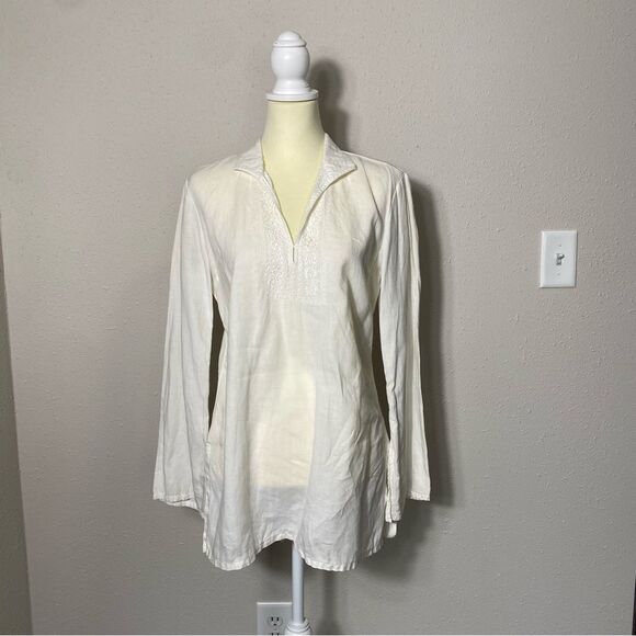 Promod White Linen Embroidered Long Bell Sleeve Top Tunic Women's Size Medium - Picture 3 of 16